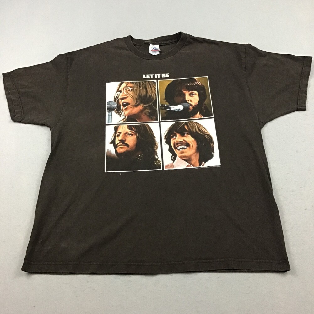 Vintage The Beatles T-Shirt Men 2XL Brown Let It Be Band Graphic Y2K 2004 XXL